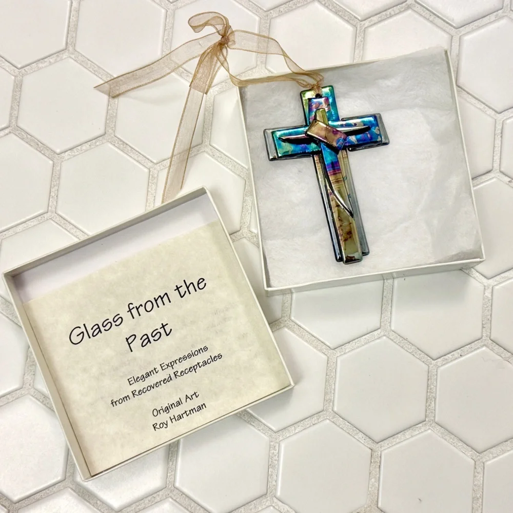 Colorful Recycled Glass Cross Christmas Ornament